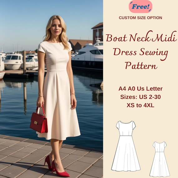 Boat Neck Midi Summer Dress Sewing Pattern, Easy Dress Pattern, Evening Dress, Cocktail Dress, Circle Dress Pattern, Prom Dress, XS-4XL