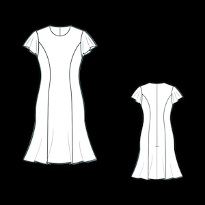 May include: A white dress with short sleeves and a ruffled hem. The dress has a fitted bodice and a slightly flared skirt.