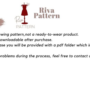 Puede incluir: Anuncio de un patr&oacute;n de costura digital con el texto "Riva Pattern". La imagen incluye un maniqu&iacute; de costura, una ilustraci&oacute;n de m&aacute;quina de coser y el texto "Please Note:" con informaci&oacute;n sobre el patr&oacute;n digital.