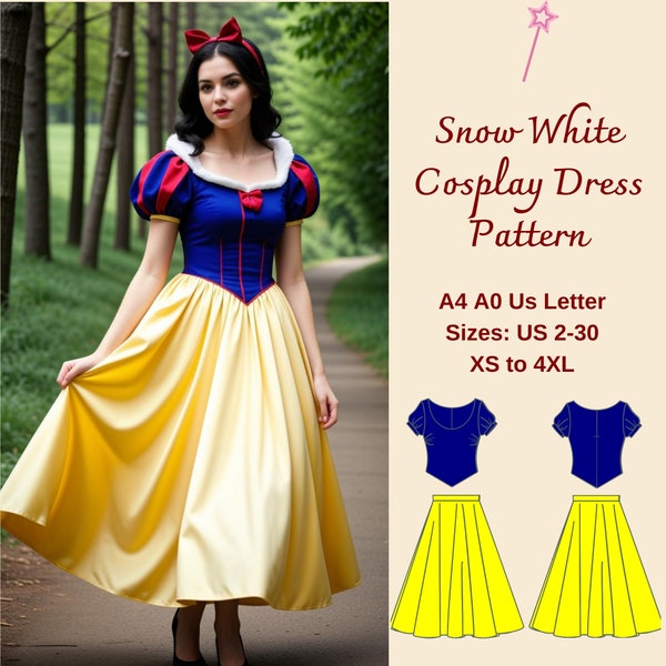 Patron de couture de robe cosplay blanche neige, patron de robe Renaissance, robe de princesse, haut corset, robe de fée, robe cosplay médiévale, A4 A0