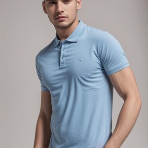 Pu&ograve; includere: Una polo a maniche corte blu chiaro con un piccolo logo sul petto sinistro.