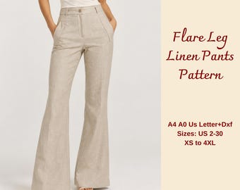 Flare Leg Linen Pants Sewing Pattern, Women's High Waist Flared Pants, XS-4XL