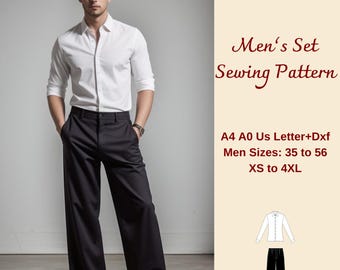 Men's Wide Leg Pants and Slim Fit Shirt Set Sewing Pattern, Classic Shirt for Men, Loose Fit Pants For Men, PDF Pattern, Sizes 35-56 XS-4XL