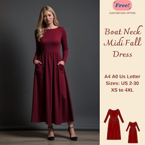 Könnte beinhalten: Ein rotes Midi-Kleid mit einem Boot-Ausschnitt und langen Ärmeln. Das Kleid hat Taschen und ist in den Größen XS bis 4XL erhältlich. Das Kleid wird auf einem Model mit grauem Hintergrund gezeigt. Kostenlos! Option für individuelle Größen.