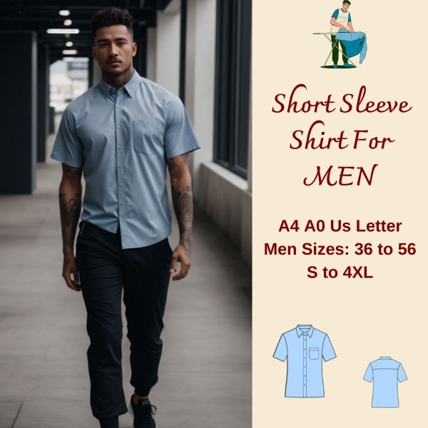 Short Sleeve Casual Shirt Sewing Pattern, Shirt Pattern for Men, Men's Pocket Shirt, Men Sizes 36-56, S-4XL, A4 A0 US