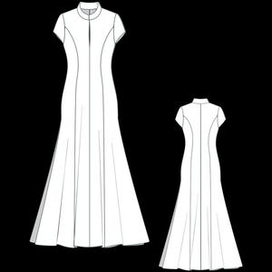 May include: A white, floor-length dress with short sleeves and a high neckline. The dress features a fitted bodice and a flared skirt. A vertical seam runs down the front of the dress. A second view of the dress shows the back.