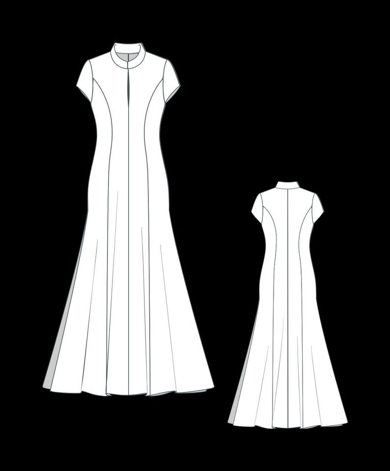 May include: A white, floor-length dress with short sleeves and a high neckline. The dress features a fitted bodice and a flared skirt. A vertical seam runs down the front of the dress. A second view of the dress shows the back.