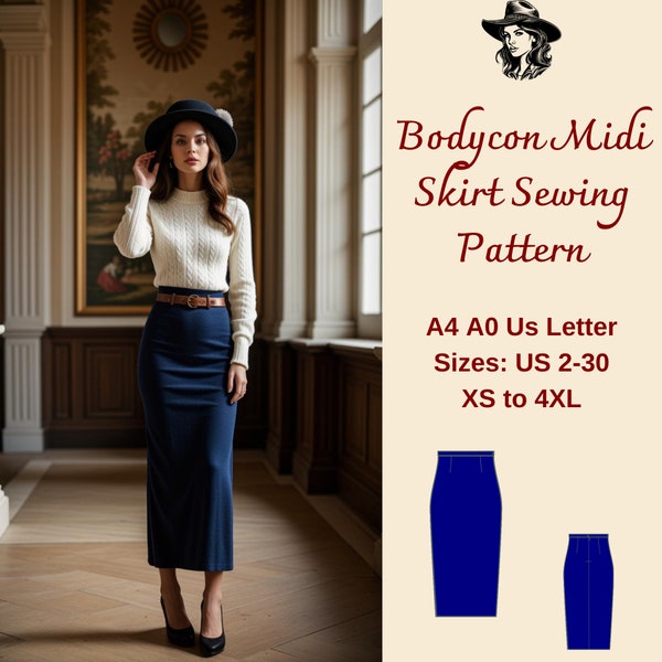 Bodycon Midi Skirt Sewing Pattern, Wool Vintage Skirt Pattern, Pencil Skirt, Retro Skirt Pattern, Stretchy Skirt Pattern, A4 A0 XS-4XL