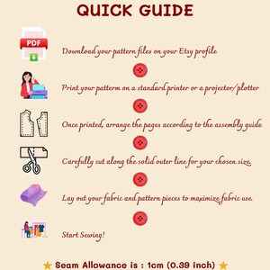 May include: A quick guide for sewing a pattern. The guide includes instructions for downloading, printing, cutting, and sewing the pattern. The seam allowance is 1 inch (0.39 inches).