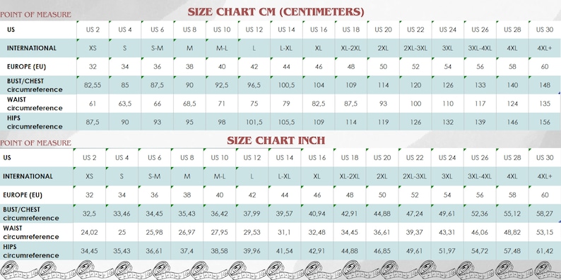 May include: Size chart in centimeters and inches for clothing. The chart shows measurements for bust, waist, and hips in both centimeters and inches. The chart includes sizes from XS to 4XL+.