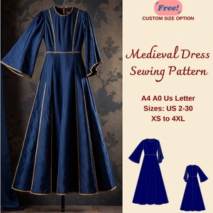 Puede incluir: Un patrón de costura para vestido medieval azul con ribetes dorados. El patrón incluye las tallas US 2-30, XS a 4XL. El patrón está disponible en tamaños A4, A0 y US Letter. Opción de tamaño personalizado gratuita.