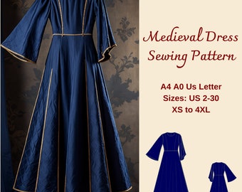 Patrón de costura para vestido renacentista: medieval, celta, tallas XS-4XL (descarga digital)