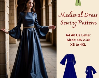 Medieval Dress Sewing Pattern, Celtic Dress, Renaissance Cosplay Pattern, Elvish Dress, Fantasy Gown, Victorian Dress, XS-4XL, A4 A0 US 2-30