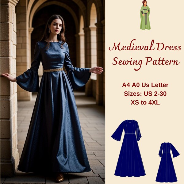 Medieval Dress Sewing Pattern, Celtic Dress, Renaissance Cosplay Pattern, Elvish Dress, Fantasy Gown, Victorian Dress, XS-4XL, A4 A0 US 2-30