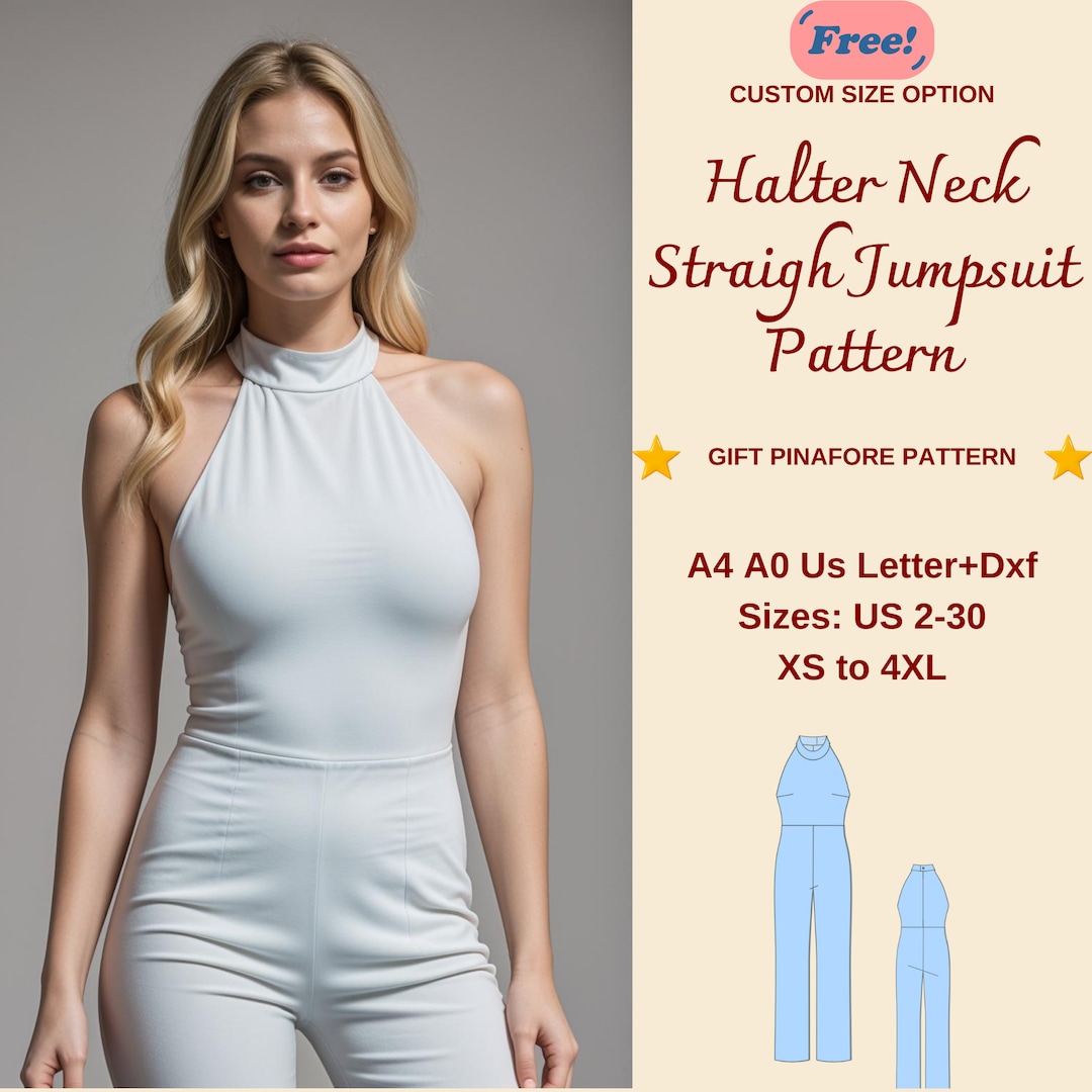 Halter Neck Jumpsuit Sewing Pattern: Straight Leg, XS-4XL (PDF Pattern ...