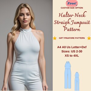 May include: A digital download pattern for a halter neck jumpsuit. The pattern includes sizes XS to 4XL and is available in A4, A0, and US Letter sizes. The pattern is also available in DXF format. The image shows a woman wearing a white jumpsuit and a digital illustration of the jumpsuit pattern.