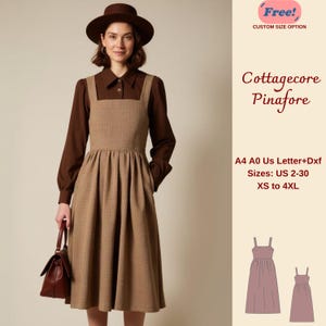May include: A digital pattern for a brown and white gingham pinafore dress. The pattern includes sizes UK 2-30, XS to 4XL. The pattern is available in A4, A0, and UK Letter sizes, and in DXF format. The text "Free! Custom Size Option" is in the top right corner of the image.