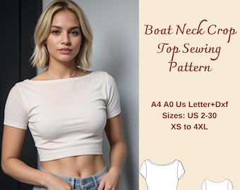 Boat Neck Crop Top Sewing Pattern: Easy Knitwear (XS-4XL) (PDF Pattern)