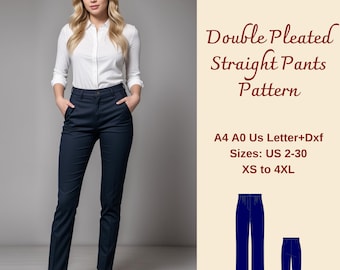 Straight Leg Pants Sewing Pattern, Double Pleat Pants, Trousers Pattern, Pants Pattern, Simple Pants Pattern, XS-4XL