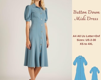 Button Down Midi Dress Sewing Pattern, Puff Sleeve Cottagecore (PDF Pattern)