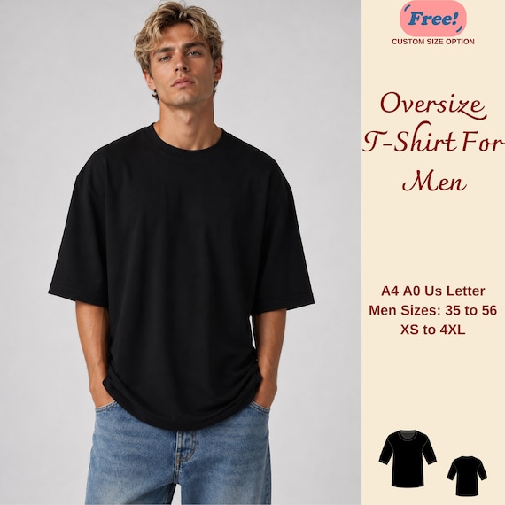 Men's Oversize T-Shirt Sewing Pattern, Dropped Shoulder Tee, Boxy T-Shirt For Men, XS-4XL, 35-56