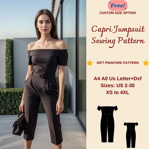 Peut inclure: Patron de couture pour une combinaison noire capri. Le patron comprend les tailles US 2-30, XS à 4XL. Le patron est disponible aux formats A4, A0, US Letter et DXF. Un patron de pinafore gratuit est inclus.