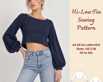 Mönster för Hi-Low-tröja, blus med båtringning och puffärm, XS-4XL