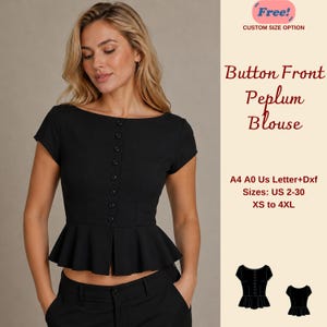 Peut inclure: Un chemisier noir à boutons et basque, à manches courtes. Le chemisier présente une rangée de boutons sur le devant et un ourlet à basque évasé. L'image comprend le texte "Button Front Peplum Blouse" et "Tailles: US 2-30 XS à 4XL."