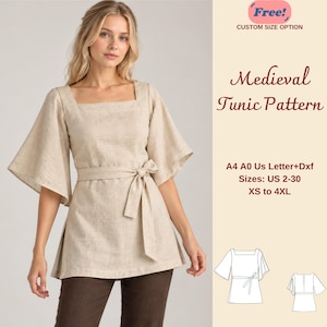 Op de afbeelding: Een beige tuniek met wijde mouwen en een ceintuur. De tekst luidt: Free! CUSTOM SIZE OPTION, Medieval Tunic Pattern, A4 A0 Us Letter+Dxf, Sizes: US 2-30, XS to 4XL. Inclusief een lijntekening van de voor- en achterkant van de tuniek.