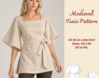 Women's Medieval  Linen Tunic Sewing Pattern, Tunic Cosplay, Women Halloween Costume, XS-4XL