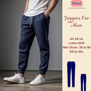 Könnte beinhalten: Ein digitales Schnittmuster für Jogginghosen. Das Schnittmuster umfasst die Größen 35 bis 56 und XS bis 4XL. Das Schnittmuster ist in den Größen A4 und A0 erhältlich und enthält Letter- und DXF-Dateien. Das Bild zeigt eine Person, die die Jogginghose trägt, und eine Nahaufnahme des Schnittmusters.