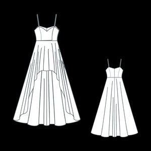May include: Two sleeveless dresses, one with a high-low hemline and the other with a straight hemline. Both dresses have a fitted bodice and a flowy skirt.