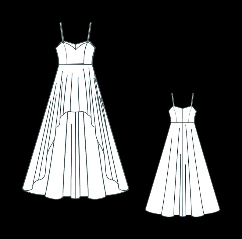 May include: Two sleeveless dresses, one with a high-low hemline and the other with a straight hemline. Both dresses have a fitted bodice and a flowy skirt.