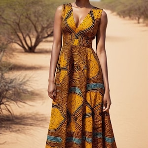 May include: A woman wearing a sleeveless maxi dress with a V-neckline. The dress is made of a yellow fabric with a black and blue geometric pattern. The woman is standing in a desert setting.