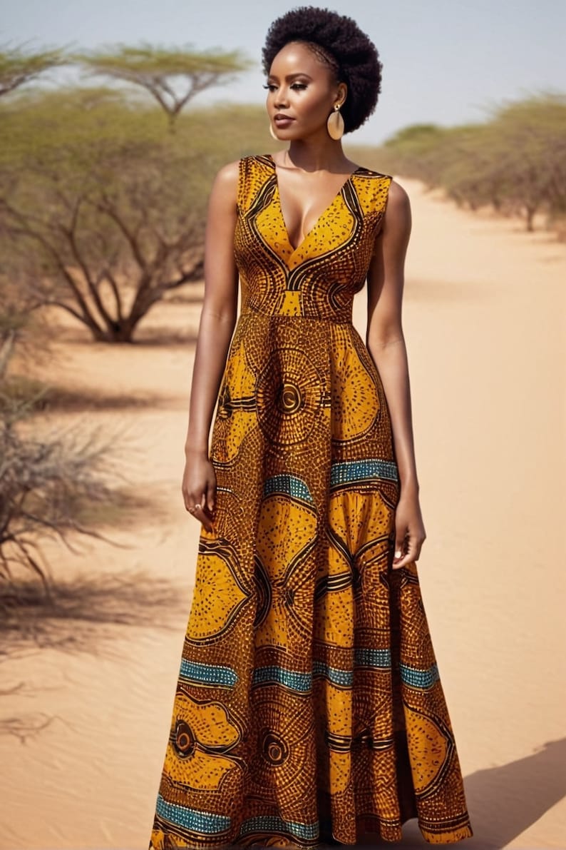 May include: A woman wearing a sleeveless maxi dress with a V-neckline. The dress is made of a yellow fabric with a black and blue geometric pattern. The woman is standing in a desert setting.