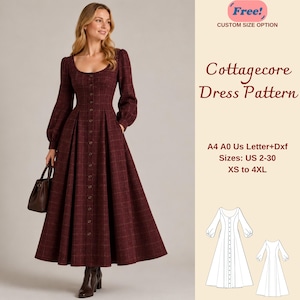 May include: A long-sleeved, floor-length burgundy plaid dress with a scoop neckline and a full button-down front. The text reads: Free! CUSTOM SIZE OPTION, Cottagecore Dress Pattern, A4 A0 Us Letter+Dxf, Sizes: US 2-30, XS to 4XL.