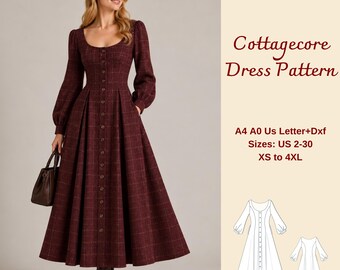 Long Sleeve Button Down Dress Sewing Pattern, Cottagecore Vintage Dress, Scoop Neck, XS-4XL