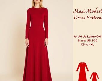 Maxi Modest Dress Sewing Pattern, A Line Maxi Dress, Easy Dress Pattern, Simple Dress,n Christmas Dress, Basic Dress Pattern, XS-4XL