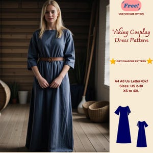 Puede incluir: Un patrón de vestido de cosplay vikingo azul con un cinturón marrón. El patrón incluye las tallas US 2-30, XS a 4XL. El patrón está disponible en tamaños A4, A0 y US Letter. El patrón también está disponible en formato DXF. El patrón incluye un patrón de delantal gratuito.