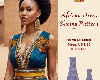 Patron de couture de robe africaine, robe bohème, robe traditionnelle, robe africaine d'Ankara, robe de tribu, robe à col en V, robe maxi cercle, XS-4XL