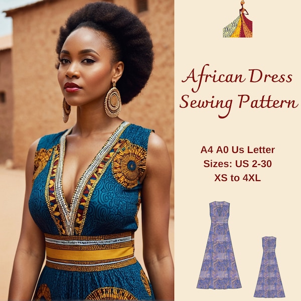 African Dress Sewing Pattern, Boho Dress, Traditional Dress, African Ankara Dress, Tribe Dress, V neck Dress, Maxi Circle Dress, XS-4XL