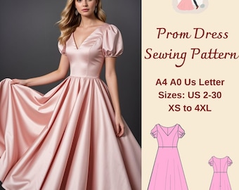Midi Prom Dress Sewing Pattern, v neck dress pattern, Cocktail Dress, Ball Gown,  Evening Gown Pattern, Puff sleeve Dress, A4 A0, US, XS-4XL