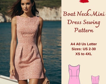 Boat Neck Mini Summer Dress Sewing Pattern, A-Line Dress Pattern, Sleeveless Dress, Easy Dress Pattern, Elegant Dress Pattern, XS-4XL