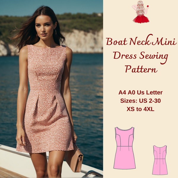 Boat Neck Mini Summer Dress Sewing Pattern, A-Line Dress Pattern, Sleeveless Dress, Easy Dress Pattern, Elegant Dress Pattern, XS-4XL