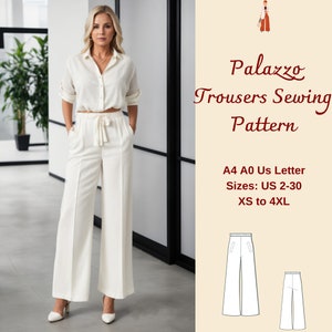 Women Palazzo Pants Sewing Pattern, Linen Pants, Wide Leg Pants Pattern, Loose Fit Pants, Wide Leg Trouser, Elastic Waist Pants, XS-4XL