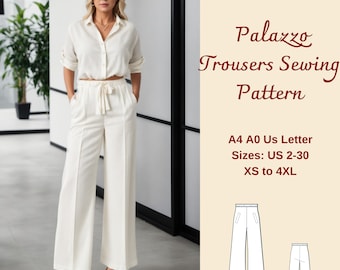 Women Palazzo Pants Sewing Pattern, Linen Pants, Wide Leg Pants Pattern, Loose Fit Pants, Wide Leg Trouser, Elastic Waist Pants, XS-4XL