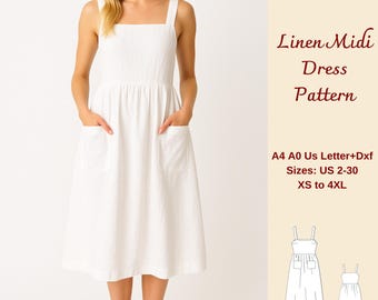 Linen Midi Dress Sewing Pattern | Square Neck Pinafore (XS-4XL) (PDF Pattern)