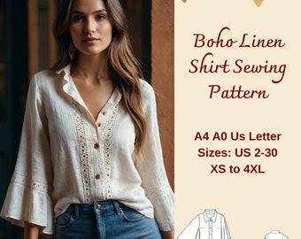 Women Boho Relaxed Fit Shirt Sewing Pattern, Linen Shirt for Women, Boho Blouse, Relaxed Fit Blouse, Women Shirt Sewing Pattern, XS-4XL