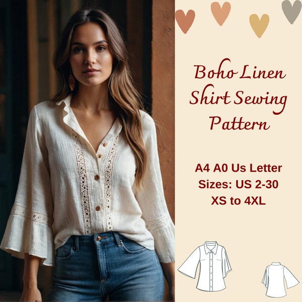 Frauen Boho Relaxed Fit Shirt Schnittmuster, Flare Ärmel Top, Flare Bluse Top, Boho Leinen Bluse, Boho Kleid Pattern, Leinen Shirt, XS-4XL