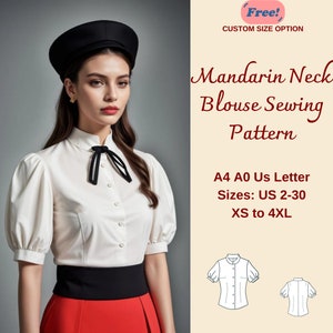 Mandarin Neck Cottagecore Blouse Sewing Pattern, Vintage Retro Blouse, 1950's Vintage Blouse, Button Down Women's Top Blouse Pattern, XS-4XL